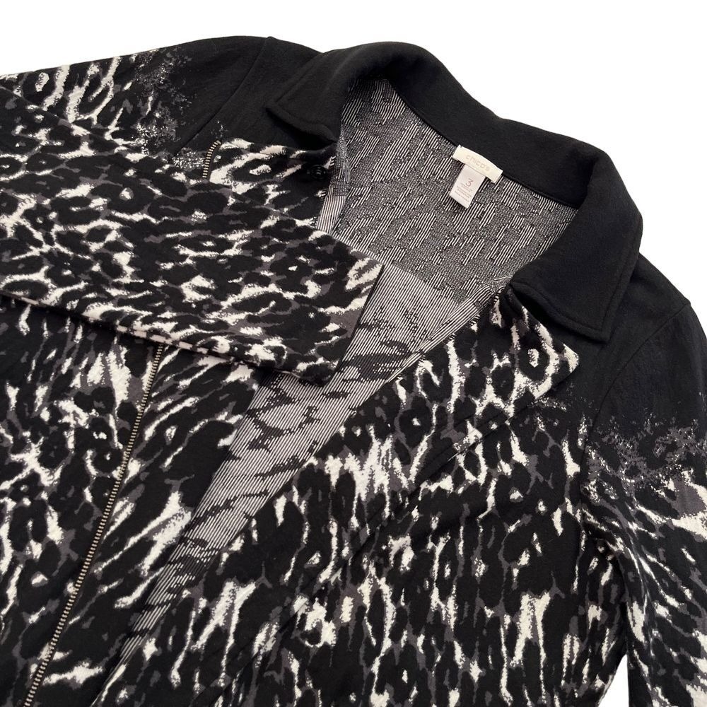 Chico's Womens Leopard Print Black and White Moto Collared Zip Sweater‎ 366